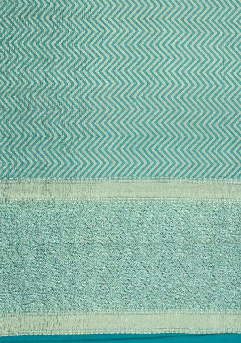 Turquoise Woven Mysore Silk Crepe Saree With Chevron Stripes With Checks And Stripes Design For Women - Indya