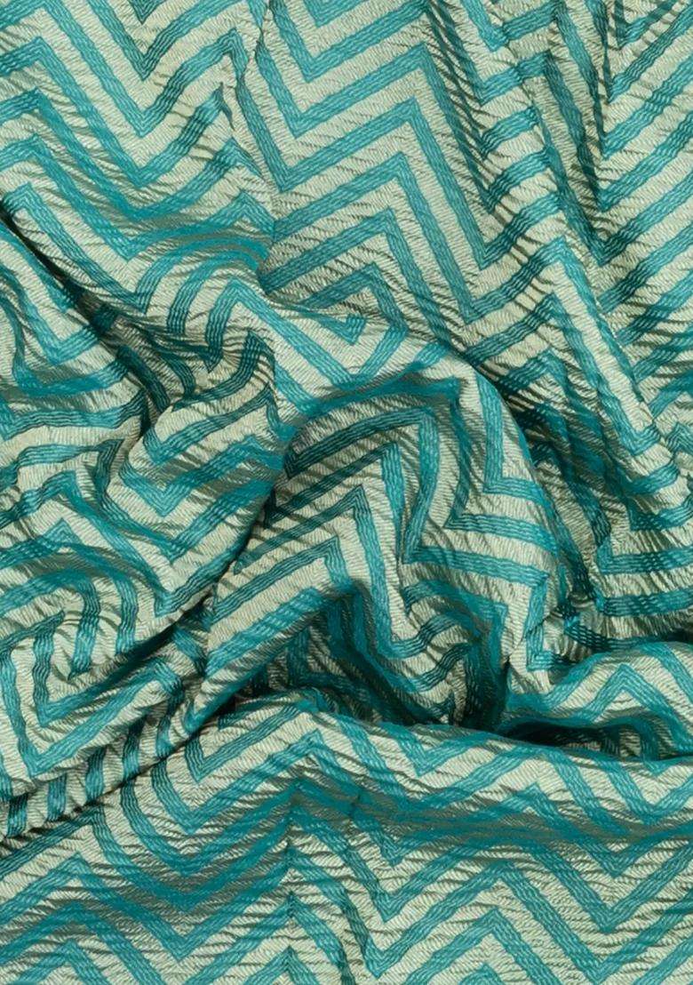 Turquoise Woven Mysore Silk Crepe Saree With Chevron Stripes With Checks And Stripes Design For Women - Indya
