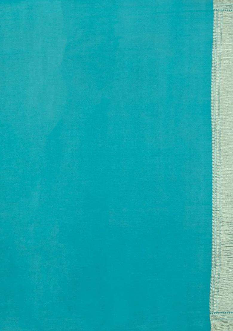 Turquoise Woven Mysore Silk Crepe Saree With Chevron Stripes With Checks And Stripes Design For Women - Indya