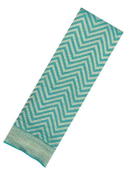 Turquoise Woven Mysore Silk Crepe Saree With Chevron Stripes With Checks And Stripes Design For Women