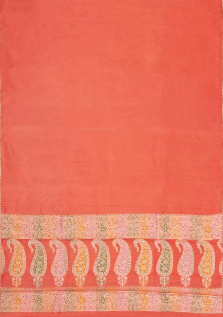 Peach Woven Dupion Silk Saree With Meena Borders With Traditional Woven Design For Women - Indya