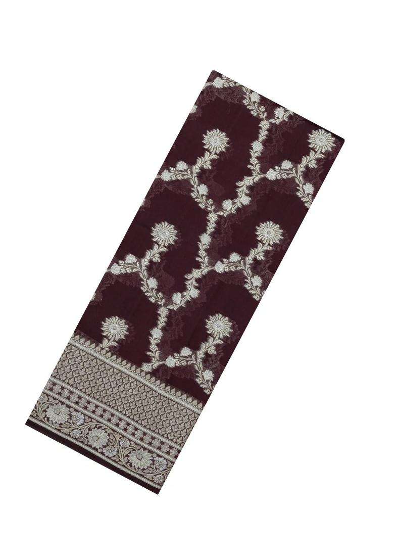 Brown Woven Dupion Silk Saree With Floral Jaal Motifs With Buttas And Brocade Design For Women - Indya
