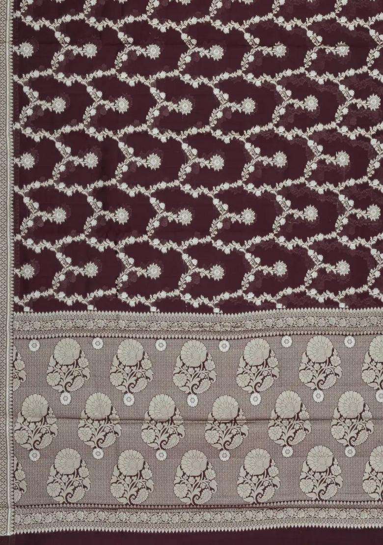 Brown Woven Dupion Silk Saree With Floral Jaal Motifs With Buttas And Brocade Design For Women - Indya