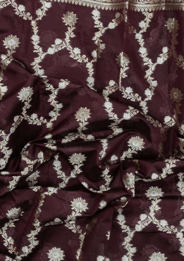 Brown Woven Dupion Silk Saree With Floral Jaal Motifs With Buttas And Brocade Design For Women - Indya