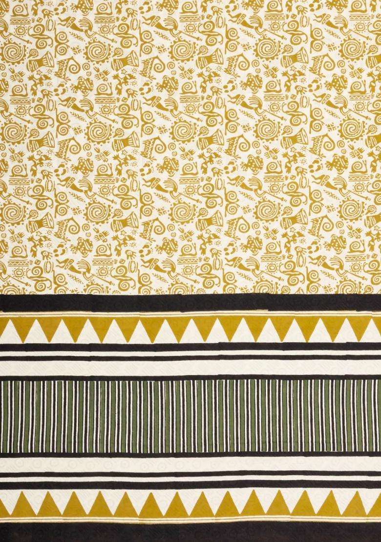 Off White Printed Jaipur Cotton Saree With Tribal Motifs For Women - Indya