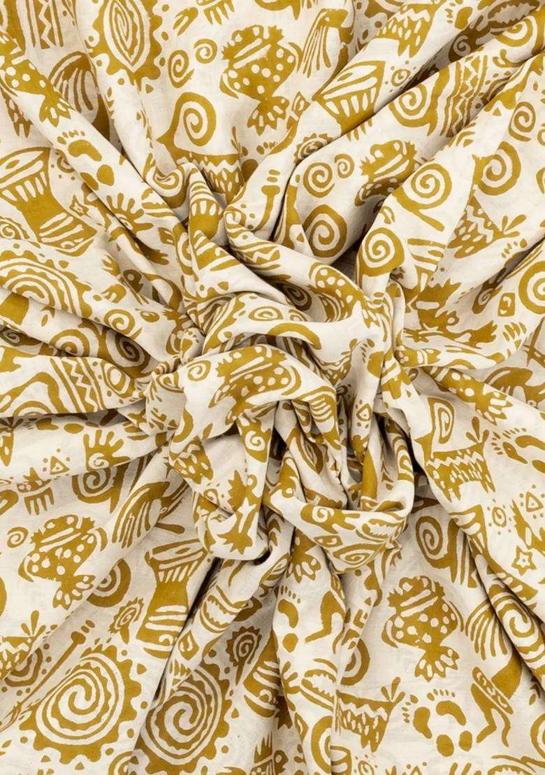 Off White Printed Jaipur Cotton Saree With Tribal Motifs For Women - Indya