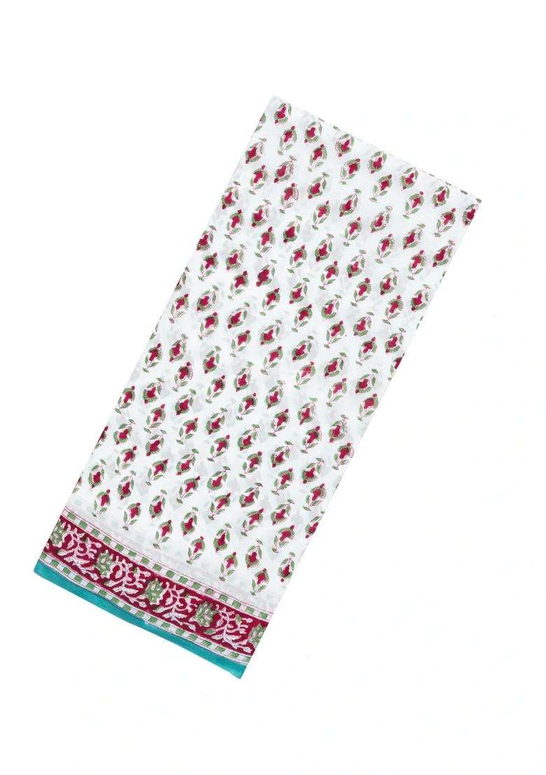 White Printed Jaipur Cotton Saree With Floral Motifs For Women - Indya