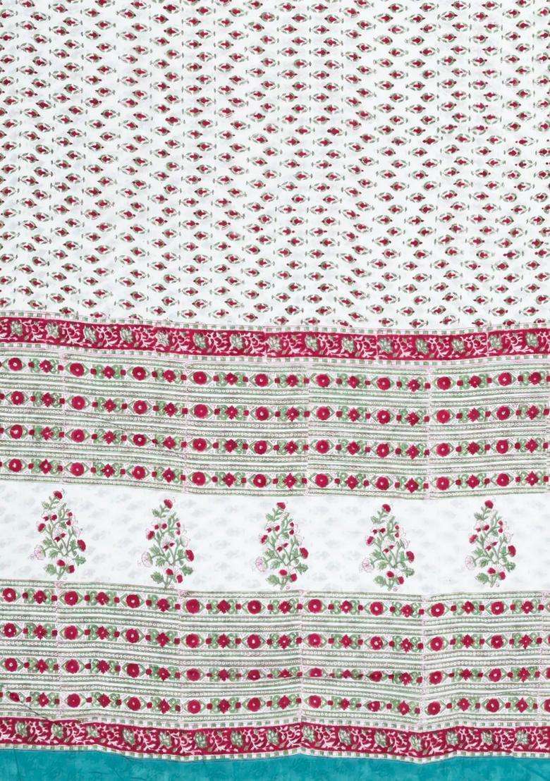 White Printed Jaipur Cotton Saree With Floral Motifs For Women - Indya