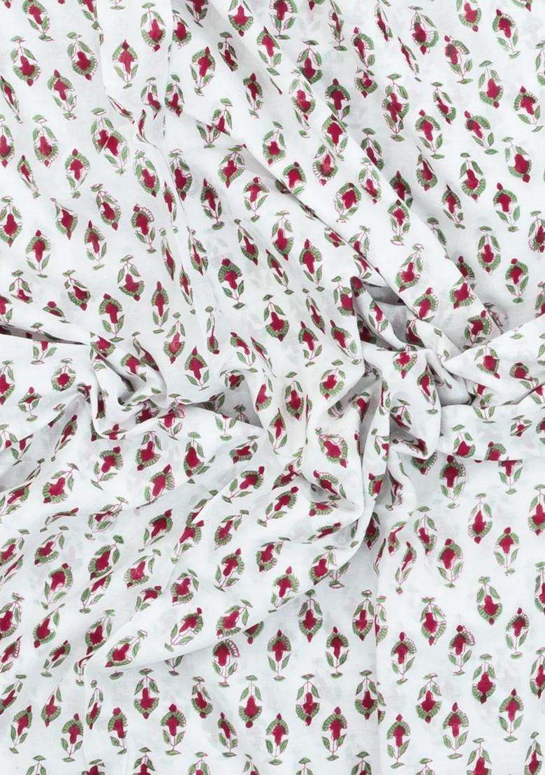 White Printed Jaipur Cotton Saree With Floral Motifs For Women - Indya