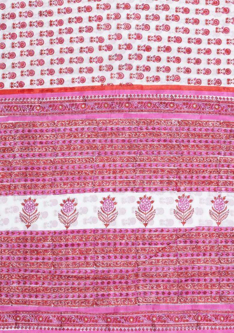 White Printed Jaipur Cotton Saree With Floral Motifs For Women - Indya