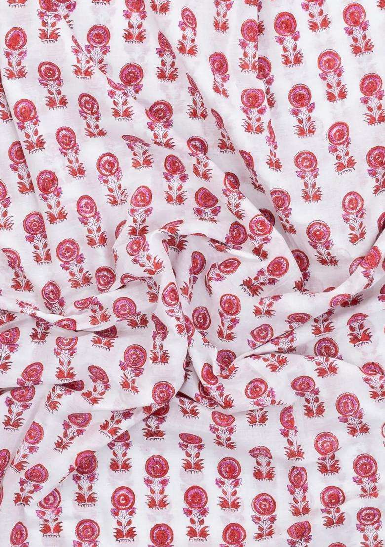 White Printed Jaipur Cotton Saree With Floral Motifs For Women - Indya