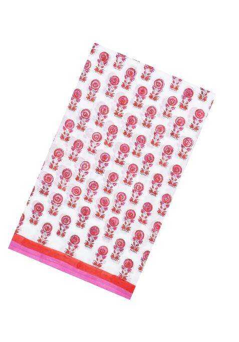 White Printed Jaipur Cotton Saree With Floral Motifs For Women