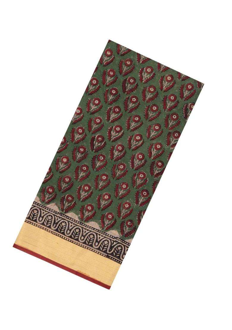 Olive Green Printed Jaipur Cotton Saree With Floral Motifs For Women - Indya