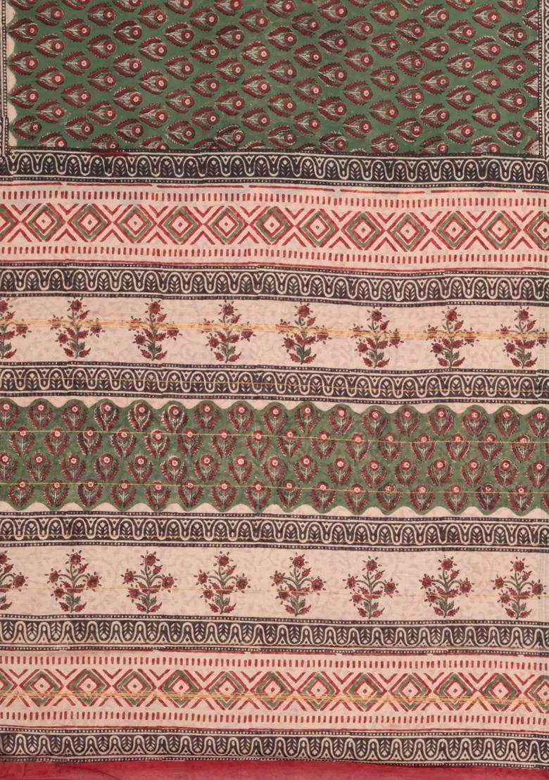 Olive Green Printed Jaipur Cotton Saree With Floral Motifs For Women - Indya