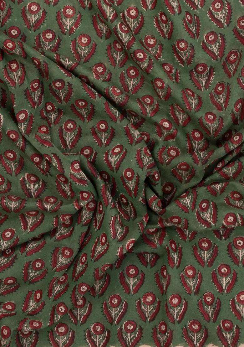 Olive Green Printed Jaipur Cotton Saree With Floral Motifs For Women - Indya