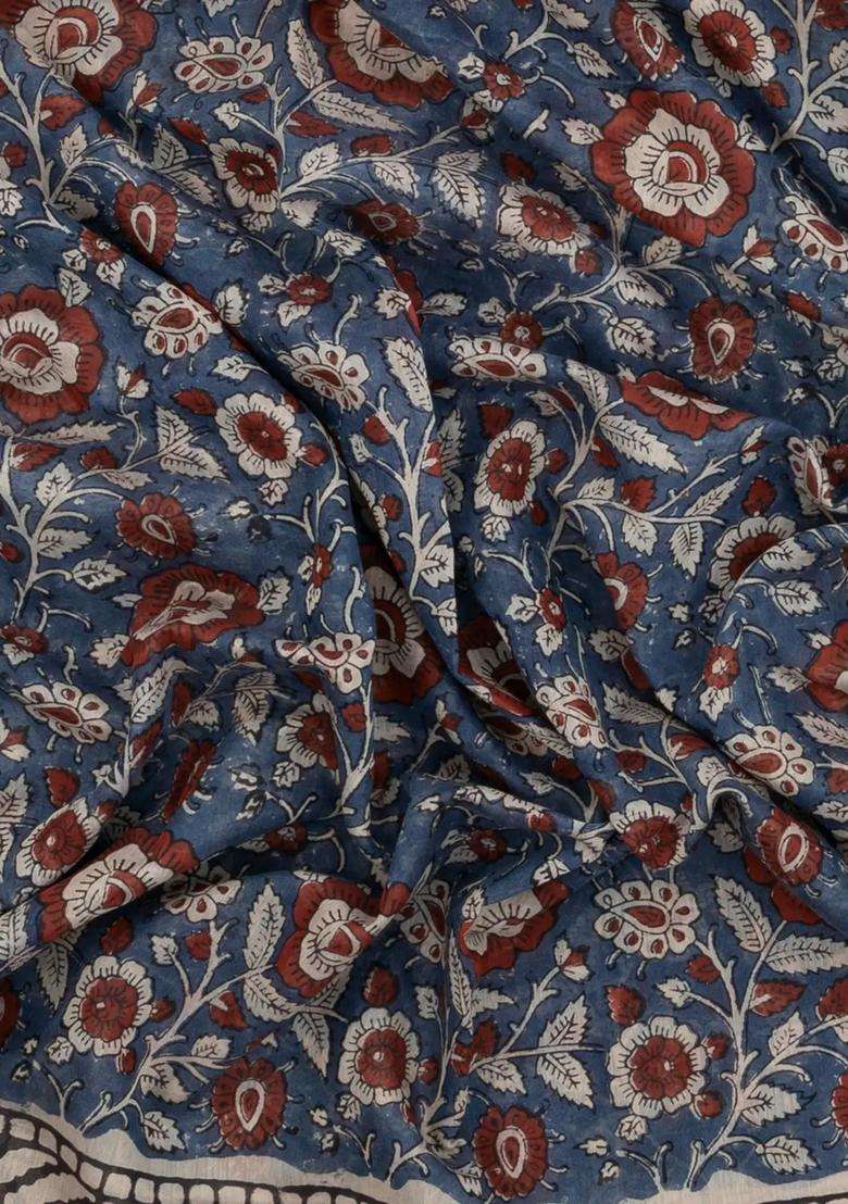 Grey Printed Jaipur Cotton Saree With Floral Motifs For Women - Indya