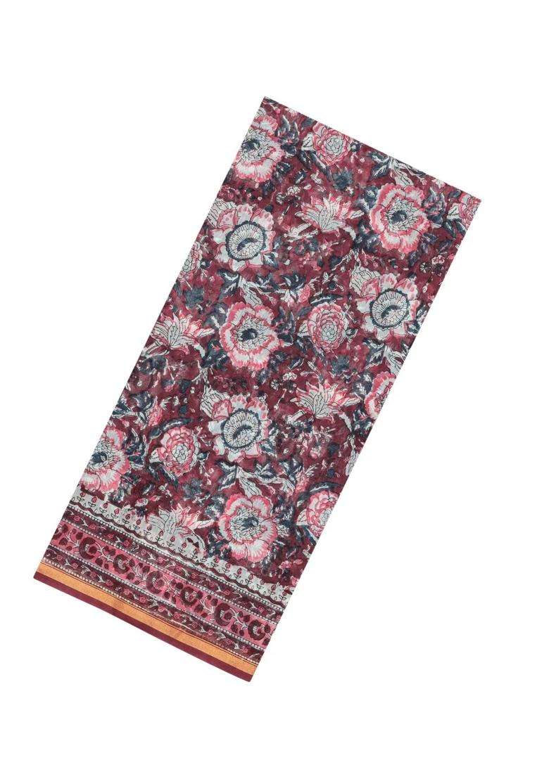 Dusty Pink Printed Jaipur Cotton Saree With Floral Motifs For Women - Indya