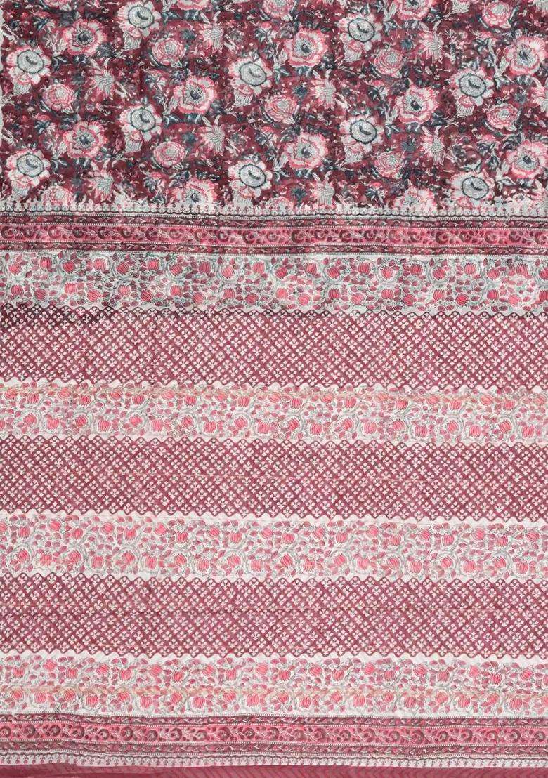 Dusty Pink Printed Jaipur Cotton Saree With Floral Motifs For Women - Indya