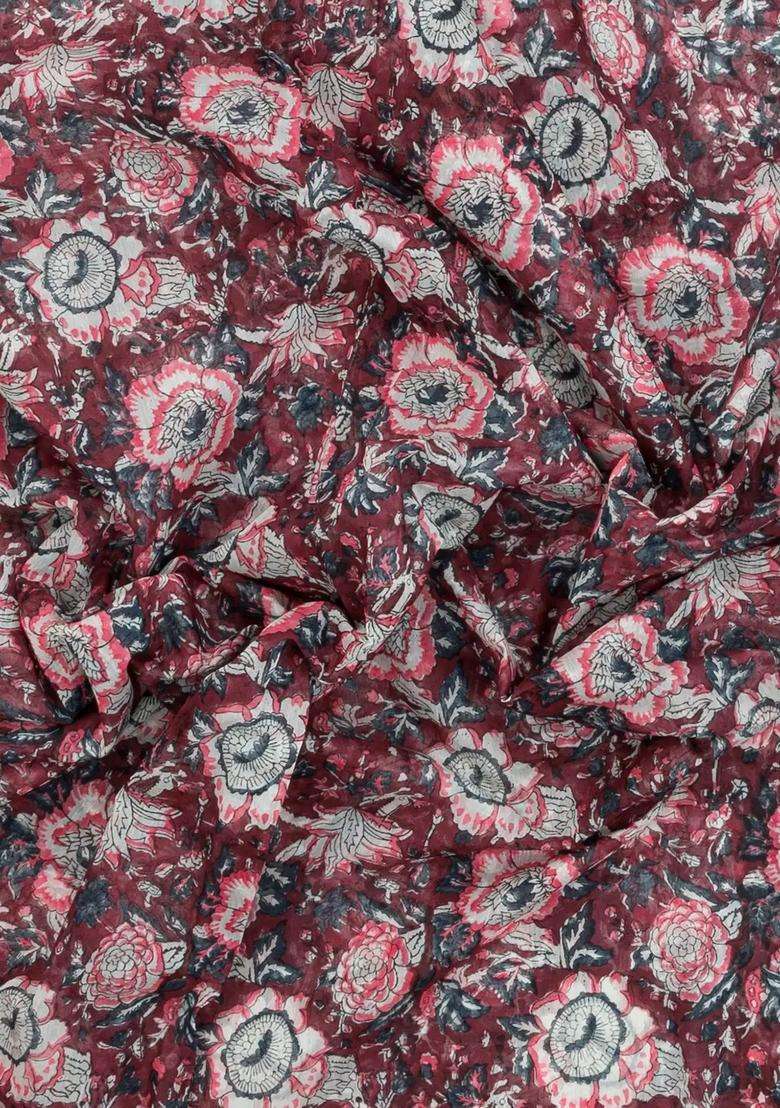 Dusty Pink Printed Jaipur Cotton Saree With Floral Motifs For Women - Indya