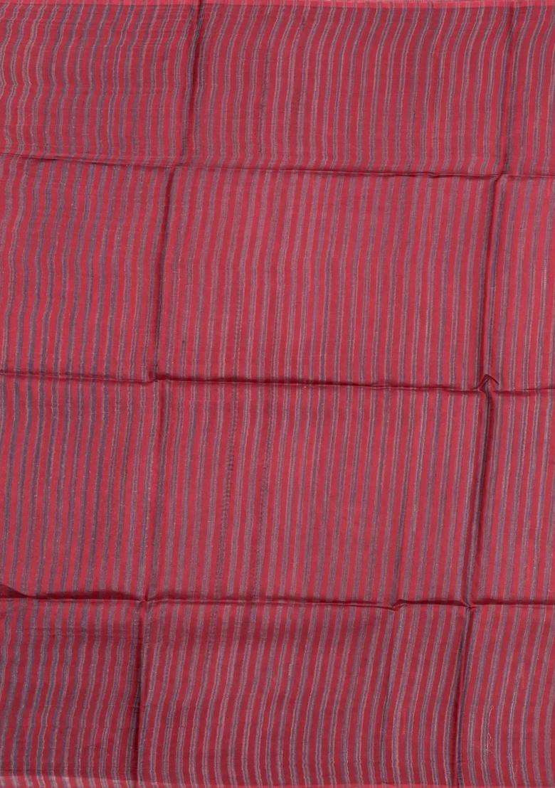 Crimson Woven Tussar Silk Saree With Stripes With Checks And Stripes Design For Women - Indya