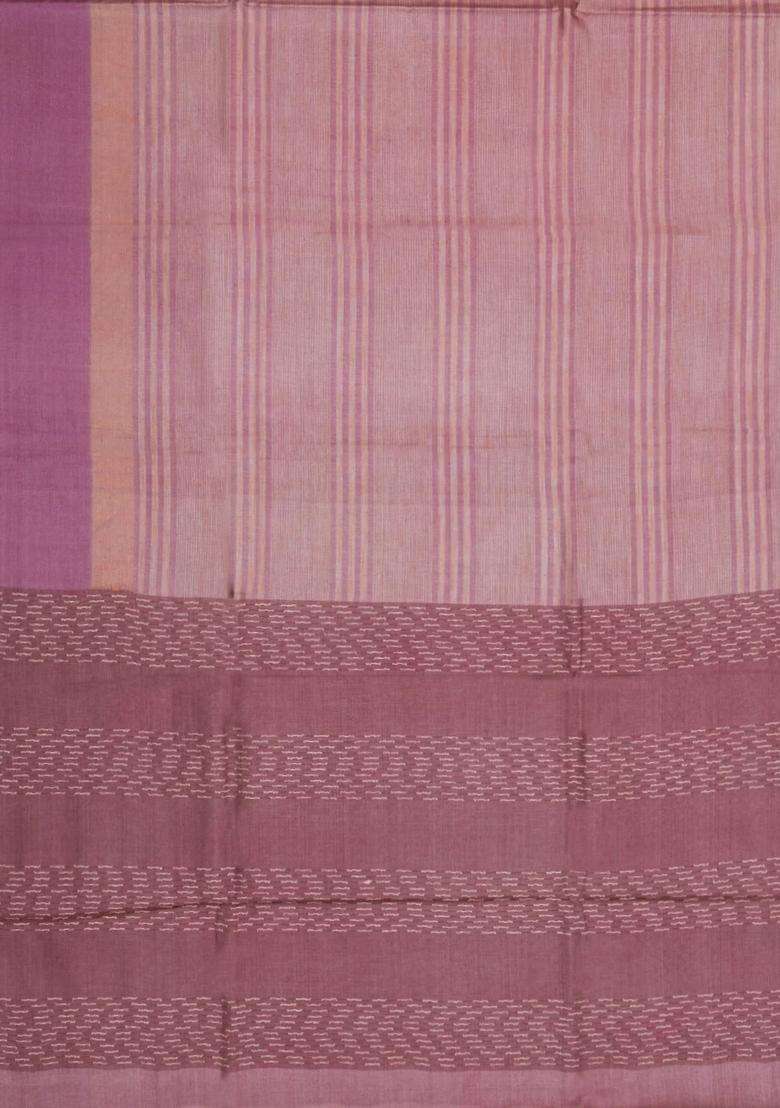 Dusty Pink Woven Tussar Saree With Stripes With Checks And Stripes Design For Women - Indya