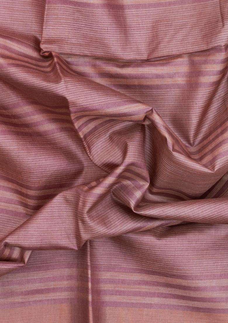Dusty Pink Woven Tussar Saree With Stripes With Checks And Stripes Design For Women - Indya