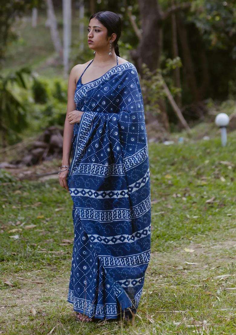 Indigo Printed Jaipur Cotton Saree With Jaal Motifs For Women - Indya