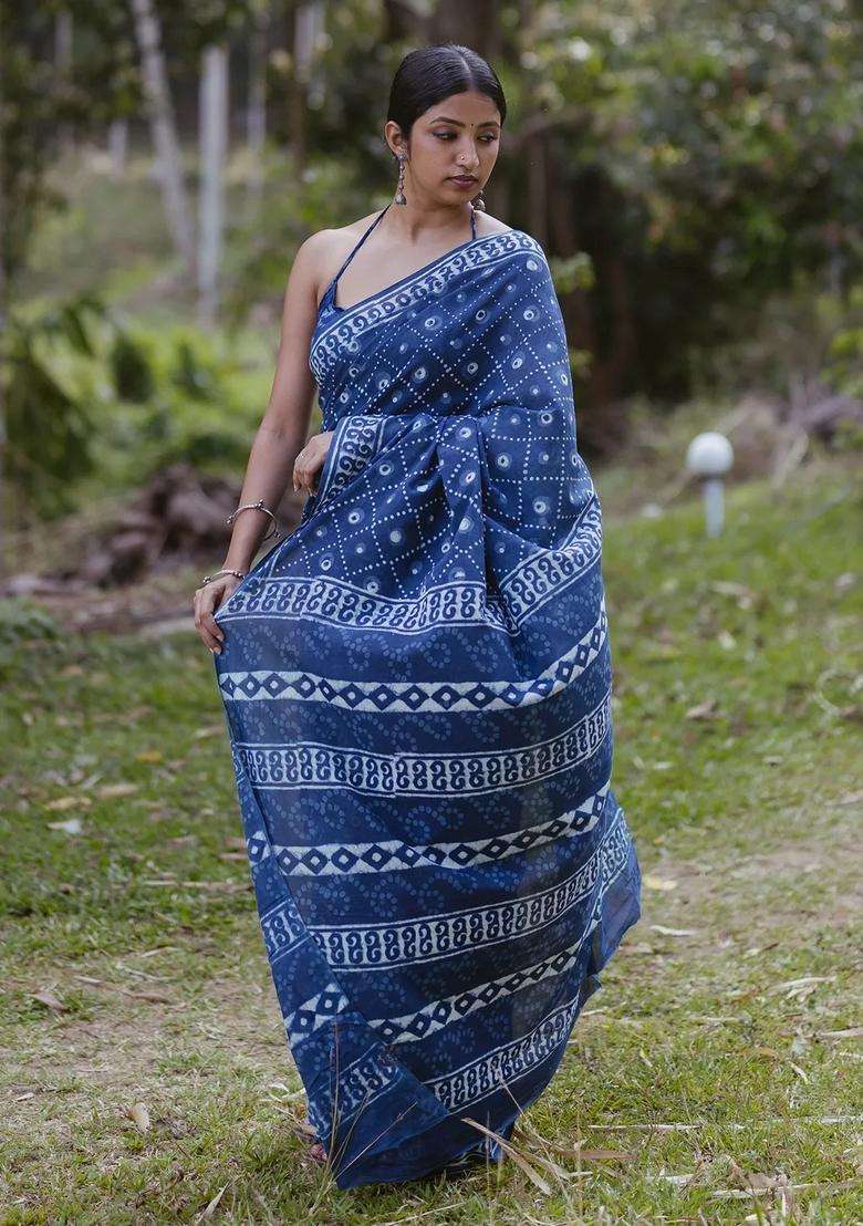 Indigo Printed Jaipur Cotton Saree With Jaal Motifs For Women - Indya