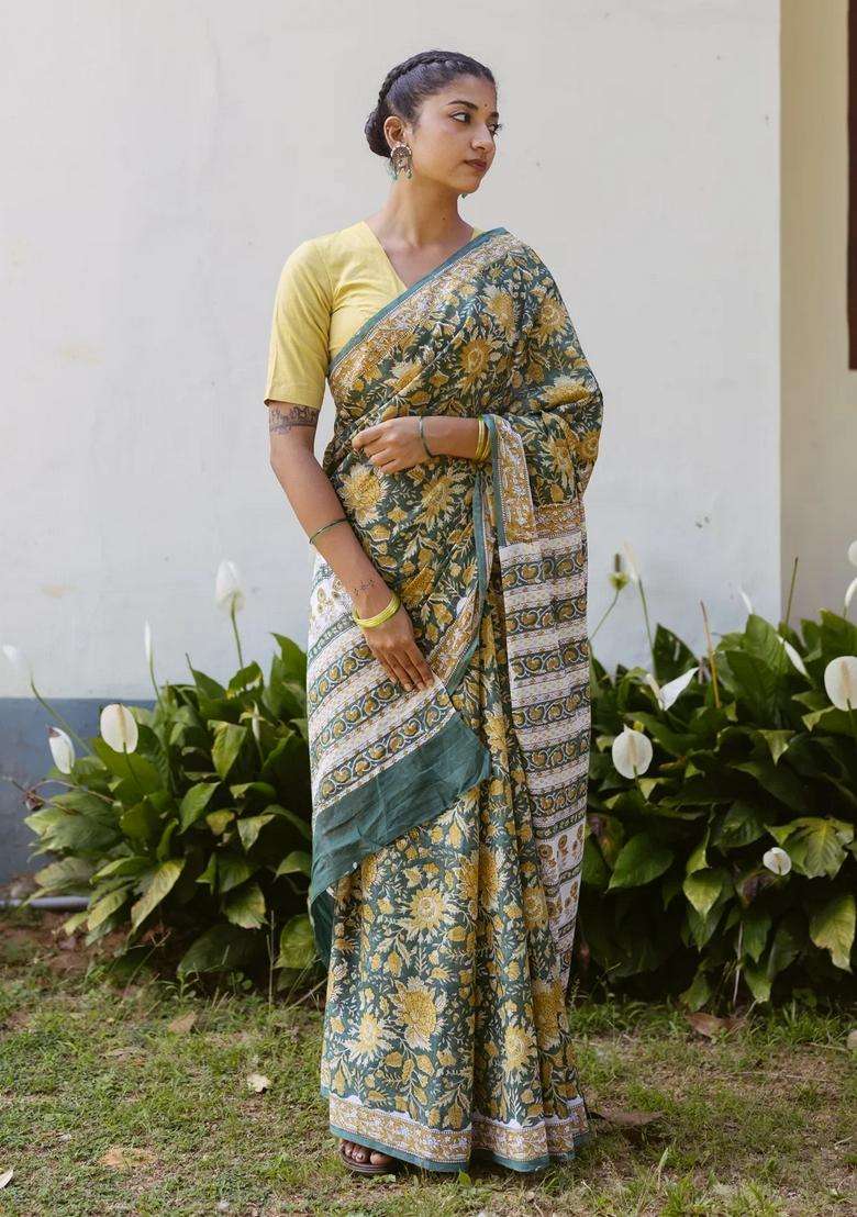 Green Printed Jaipur Cotton Saree With Floral Motifs For Women - Indya