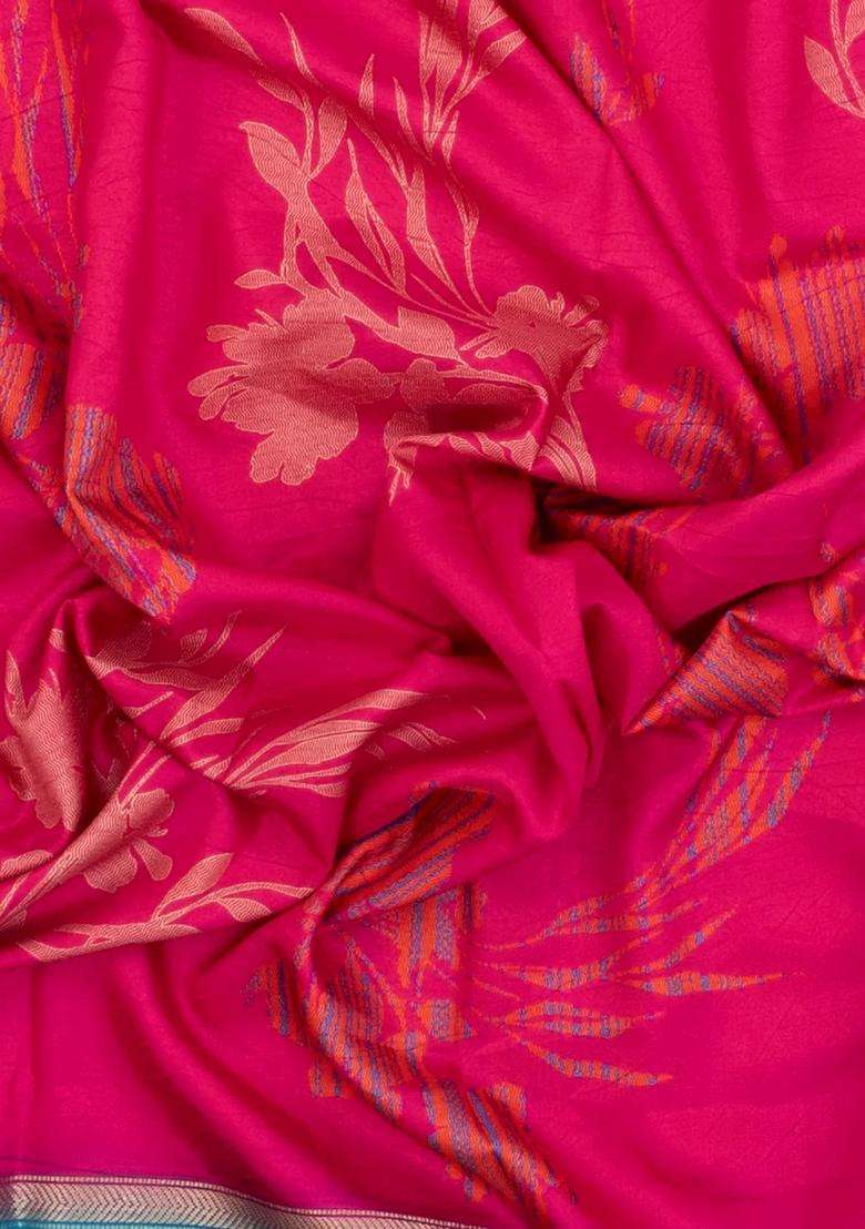 Hot Pink Printed Synthetic Dola Art Silk Saree With Contrast Border For Women - Indya