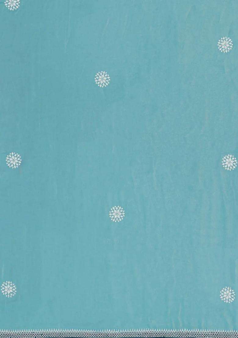 Turquoise Synthetic Fendy Art Silk Saree With Stone Border With Embroidered Design For Women - Indya