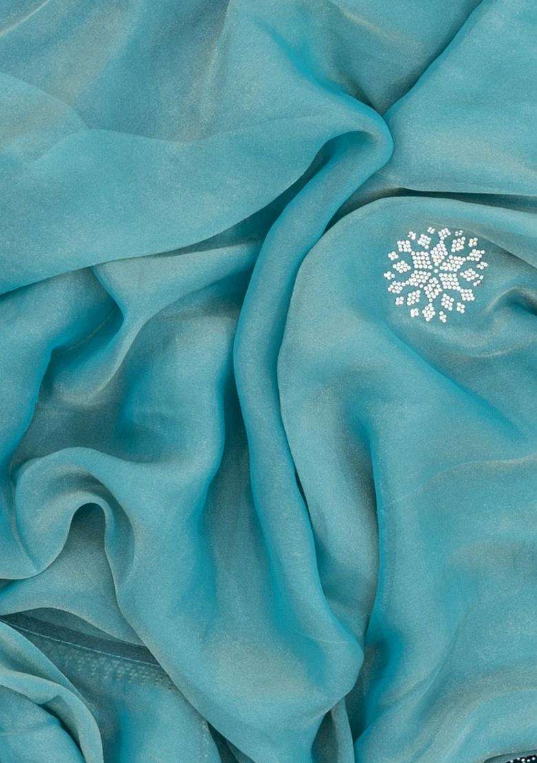 Turquoise Synthetic Fendy Art Silk Saree With Stone Border With Embroidered Design For Women - Indya