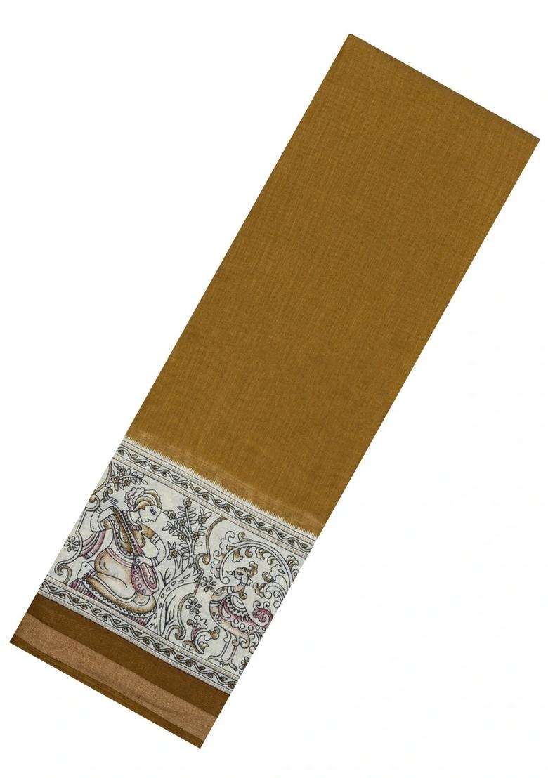 Oil Mustard Printed Chanderi Cotton Saree With Zari Border For Women - Indya