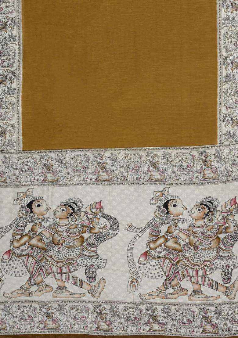 Oil Mustard Printed Chanderi Cotton Saree With Zari Border For Women - Indya