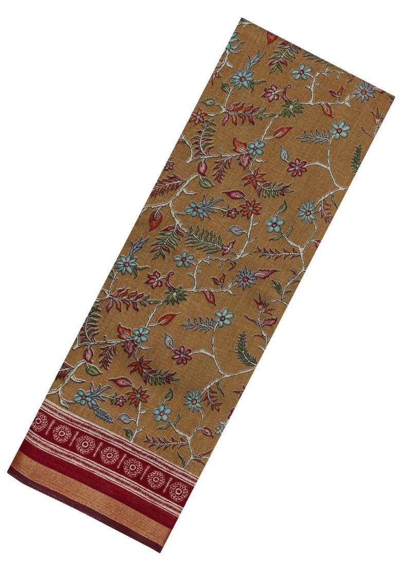 Oil Mustard Printed Chanderi Cotton Saree With Zari Border For Women - Indya