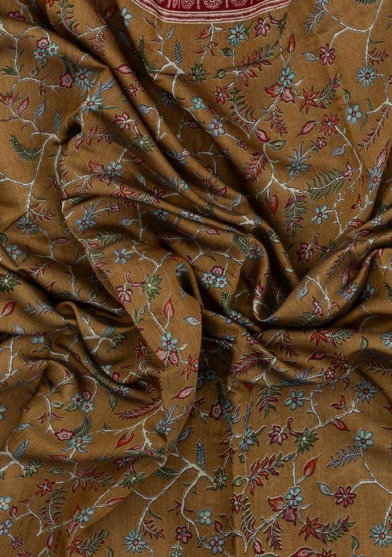 Oil Mustard Printed Chanderi Cotton Saree With Zari Border For Women - Indya