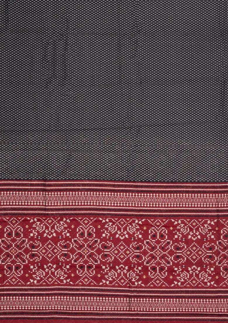 Black Printed Chanderi Cotton Saree With Zari Border For Women - Indya