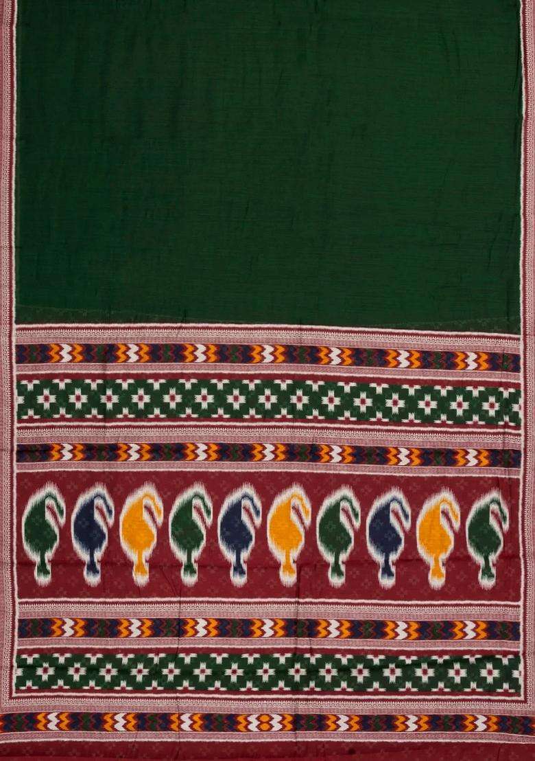 Dark Green Printed Chanderi Cotton Saree With Zari Border For Women - Indya