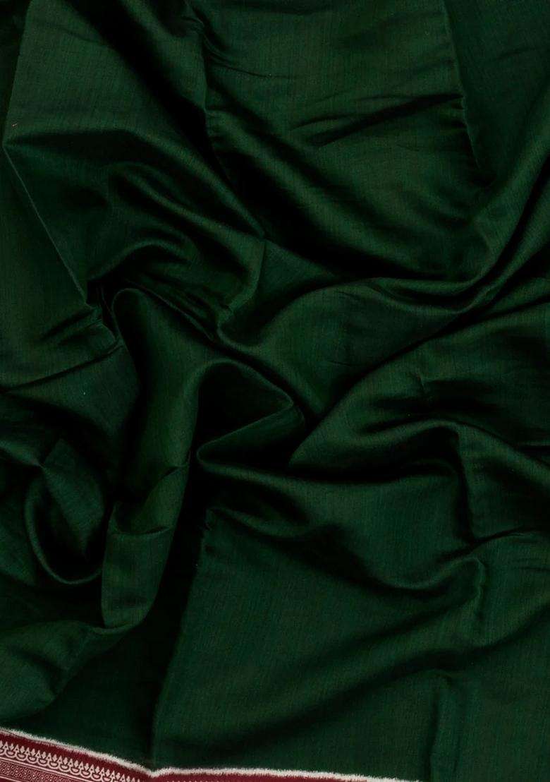 Dark Green Printed Chanderi Cotton Saree With Zari Border For Women - Indya