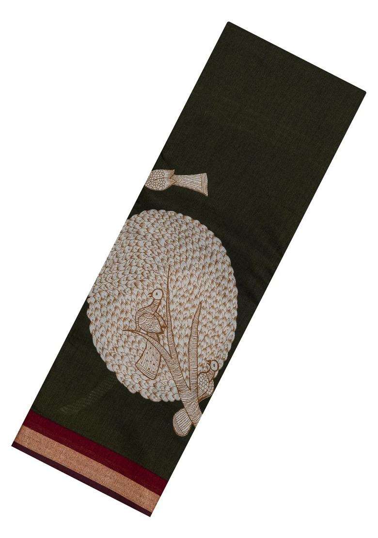 Dark Olive Printed Chanderi Cotton Saree With Zari Border For Women - Indya