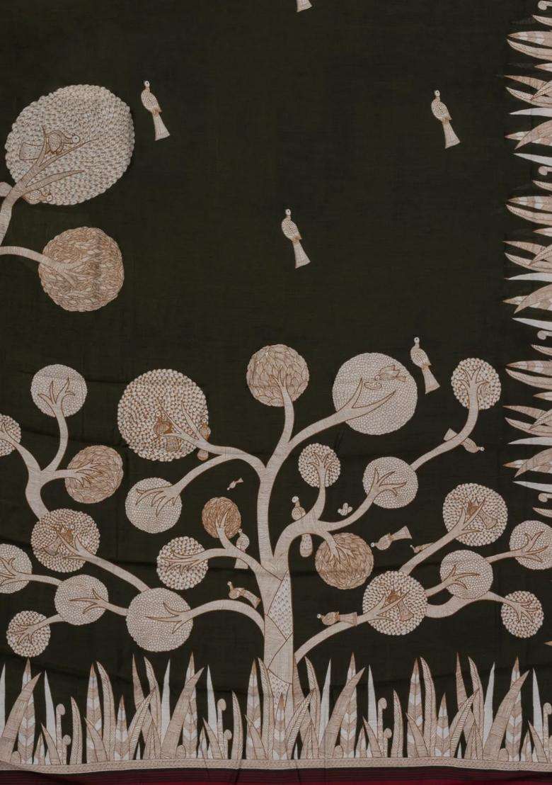 Dark Olive Printed Chanderi Cotton Saree With Zari Border For Women - Indya