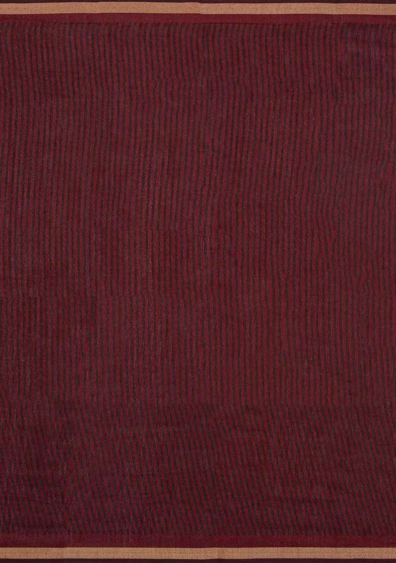 Dark Olive Printed Chanderi Cotton Saree With Zari Border For Women - Indya