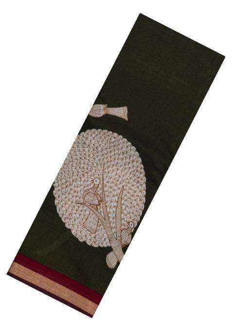 Dark Olive Printed Chanderi Cotton Saree With Zari Border For Women
