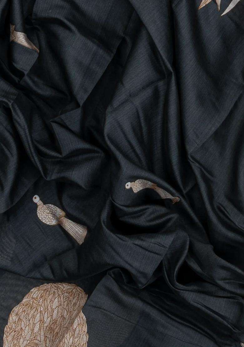 Dark Grey Printed Chanderi Cotton Saree With Zari Border For Women - Indya