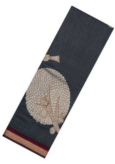Dark Grey Printed Chanderi Cotton Saree With Zari Border For Women