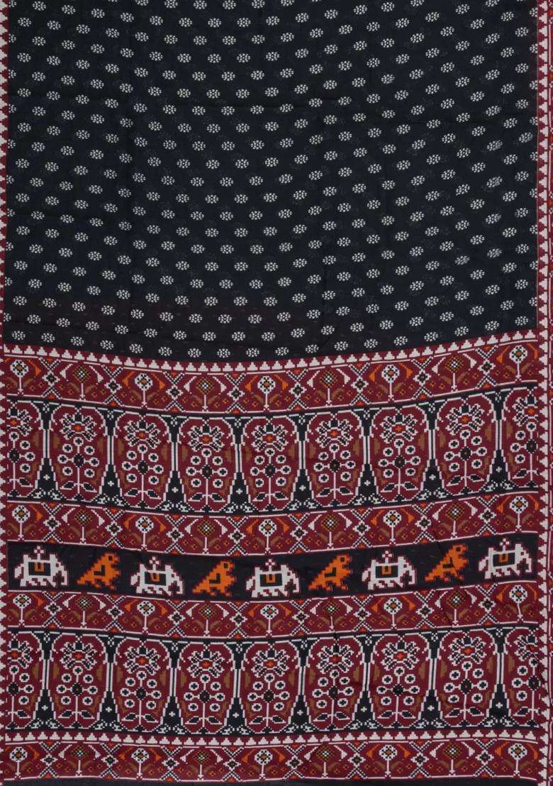 Black Printed Chanderi Cotton Saree With Zari Border For Women - Indya