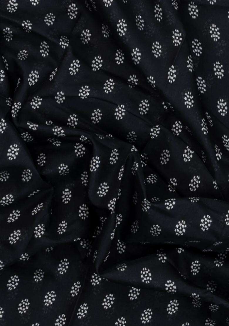 Black Printed Chanderi Cotton Saree With Zari Border For Women - Indya
