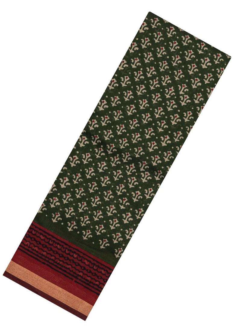 Green Printed Chanderi Cotton Saree With Zari Border For Women - Indya