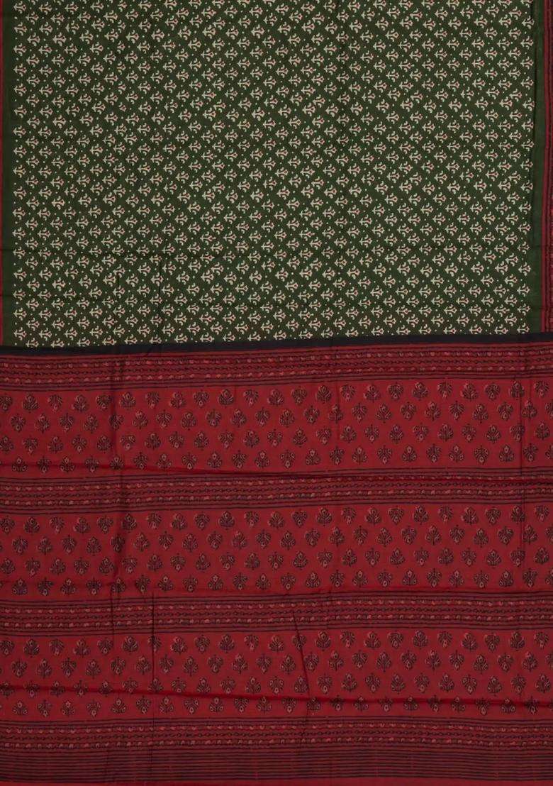 Green Printed Chanderi Cotton Saree With Zari Border For Women - Indya