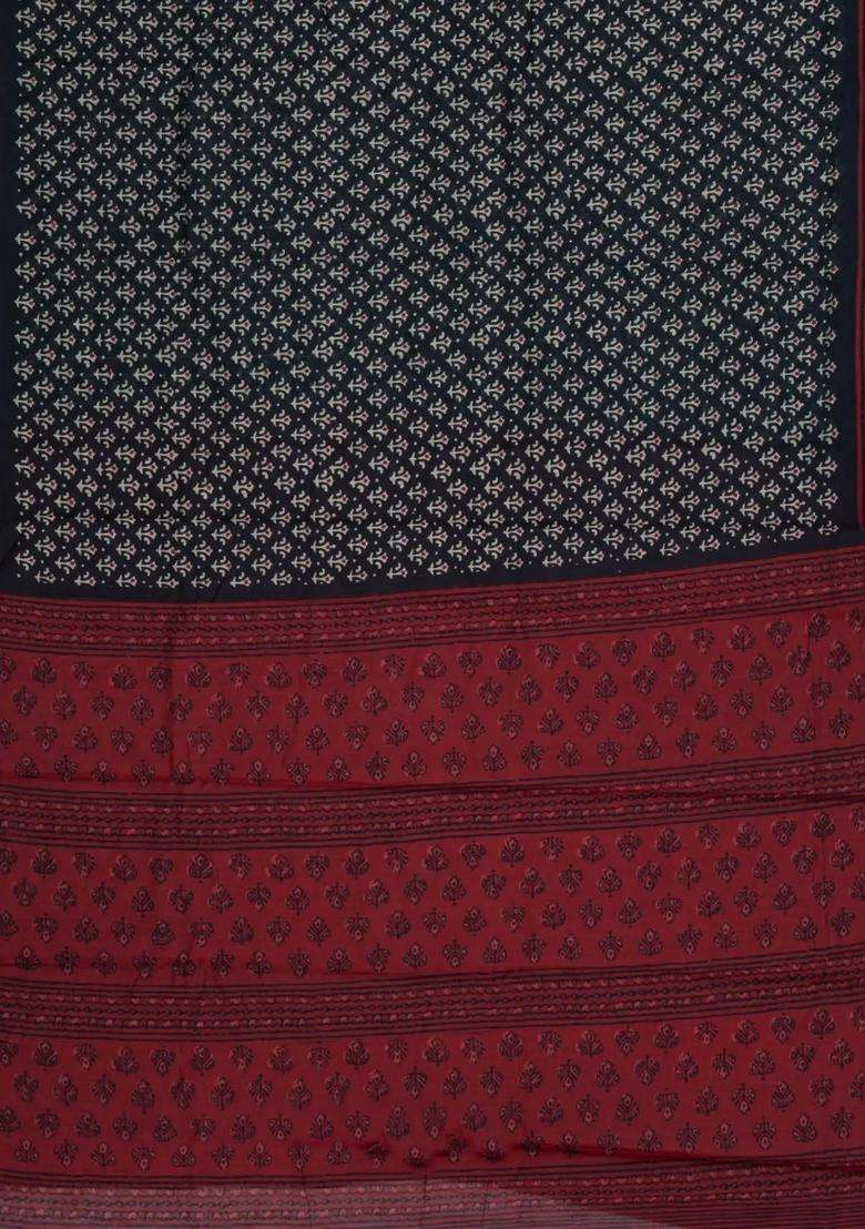 Black Printed Chanderi Cotton Saree With Zari Border For Women - Indya